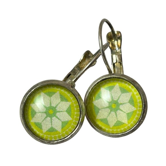 Leverback Earrings Green Geometric Star Pattern Silver Tone - Picture 3 of 6